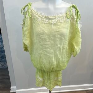 Vanita Rosa 100% linen one size Lace-Trimmed Green Sheer Coverup Tunic Top